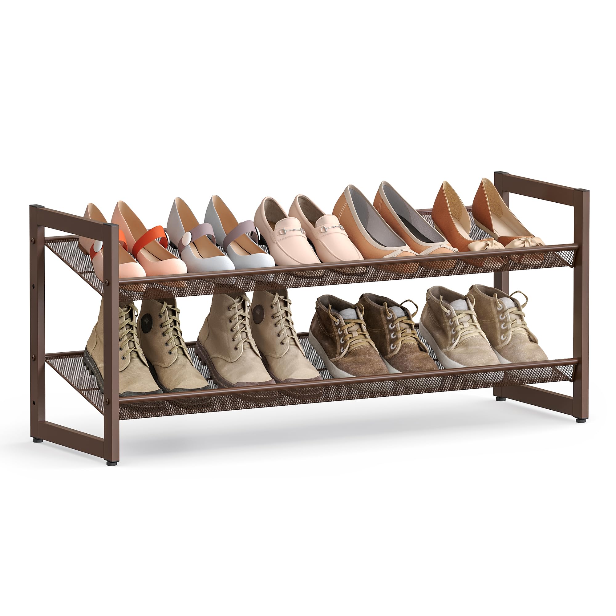 SONGMICS Shoe Rack, 2-Tier Shoe Organizer, Metal Shoe Storage for Garage, Stackable Shoe Shelf, with Adjustable Flat or Angled Shelves, 8-10 Pairs, Bronze ULMR02A