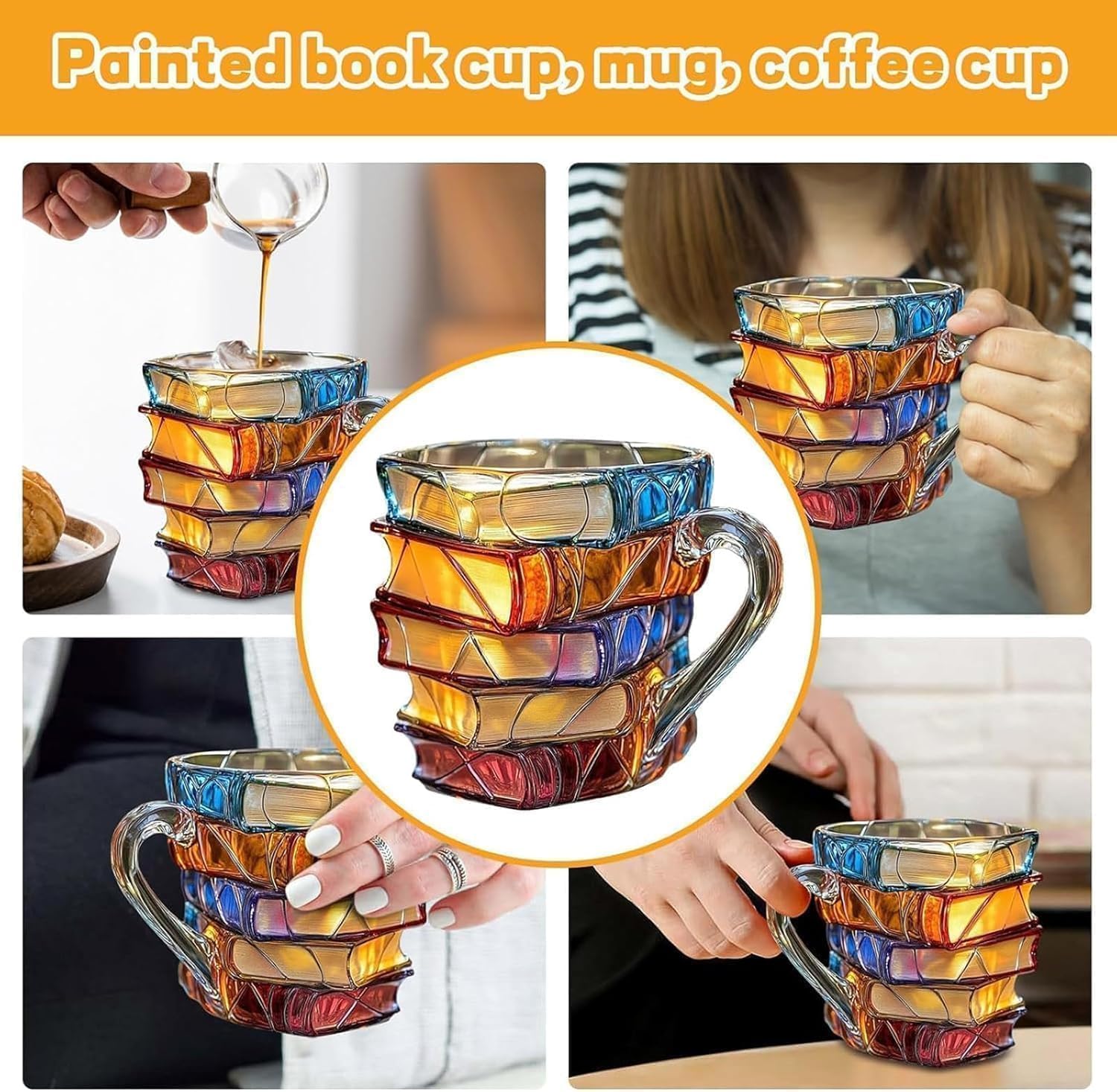 3D Painted Book Stack Mug - 11oz Unique Stained Glass Coffee Cup for Readers & Book Mug, Hand-painted Reading Happiness Cup, Library Bookbound Mug Desk Decorative Collection Gifts - Image 9