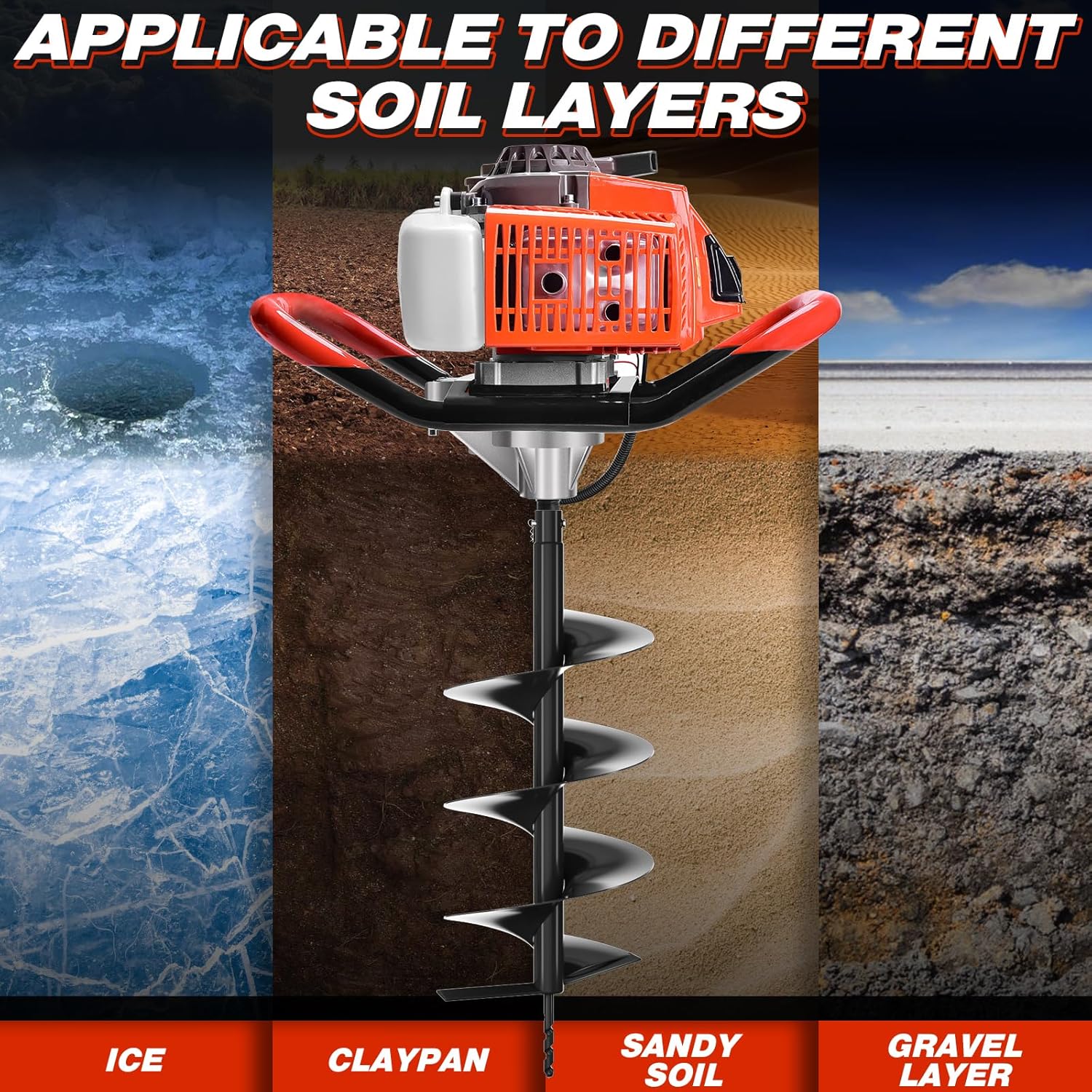 72CC Gas Powered Post Hole Digger - 2-Stroke Earth Auger With 3 Drill Bits (4", 6", 8") & Extension Rods