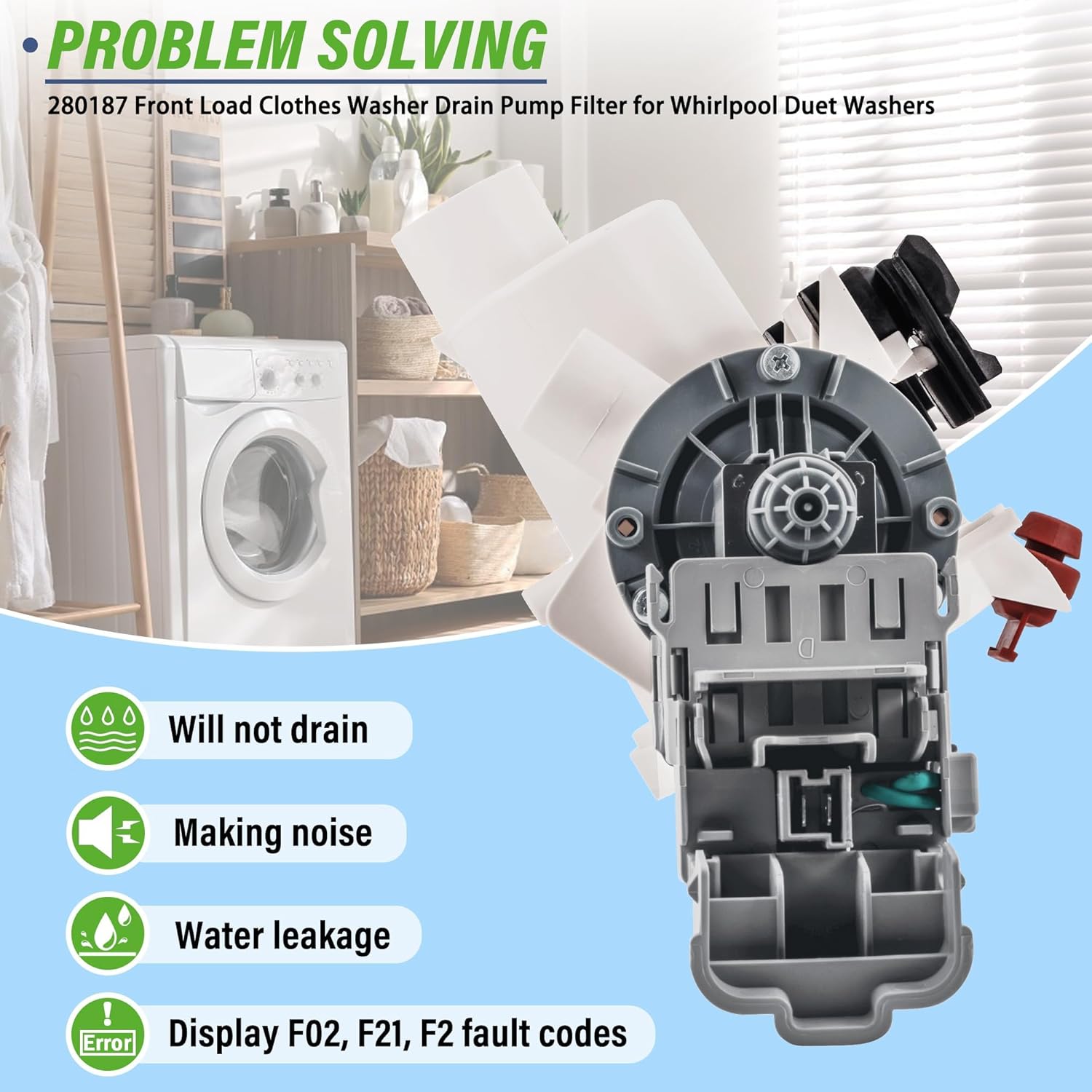 1200164 Clothes Washer Front Load Drain Pump Compatible with whirl-pool Duet Washer ghw9250mw1 ghw9150pw1 ghw9150pw4 ghw9200lw ghw9300pw4 ghw9400pw1 ghw9400pw4