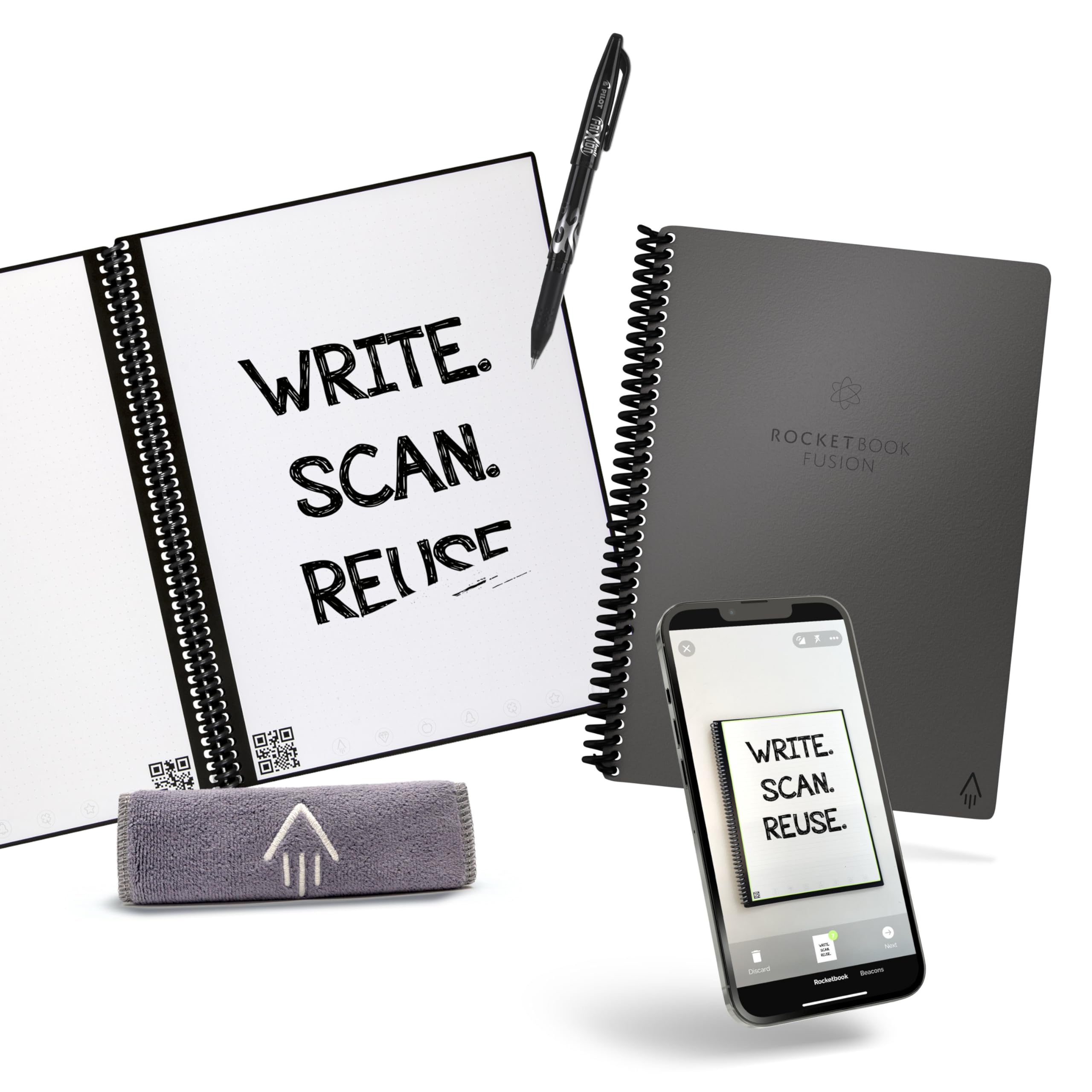 Rocketbook Fusion Reutilizable Agenda y Cuaderno Conectados Digitalmente con Bolígrafo, Paño y Aplicación, Gris, 7 Estilos de Página, Tamaño A5 15 cm x 22,4 cm, 42 Páginas