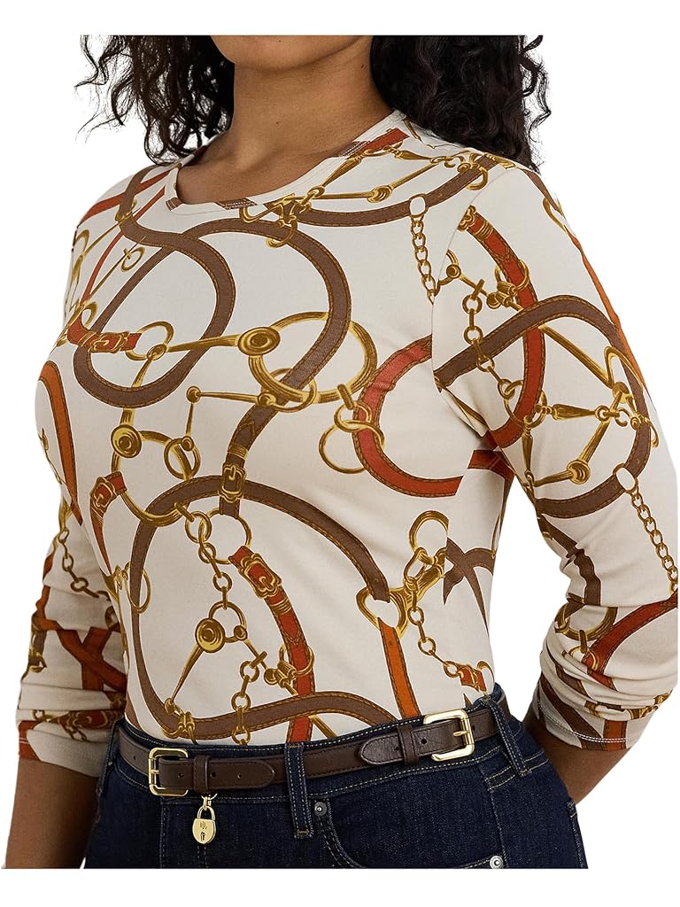 Multi Lauren Ralph Lauren Plus Size Belting-Print Cotton Long-Sleeve Tee