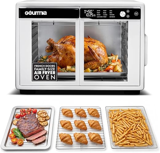 Gourmia French Door Air Fryer Oven – 37 Qt Large Capacity Convection Toaster Oven, FryForce 360°, Digital Display, 12 Cooking Presets, Dehydrate, Fits 13” Pizza, Dishwasher-Safe, White