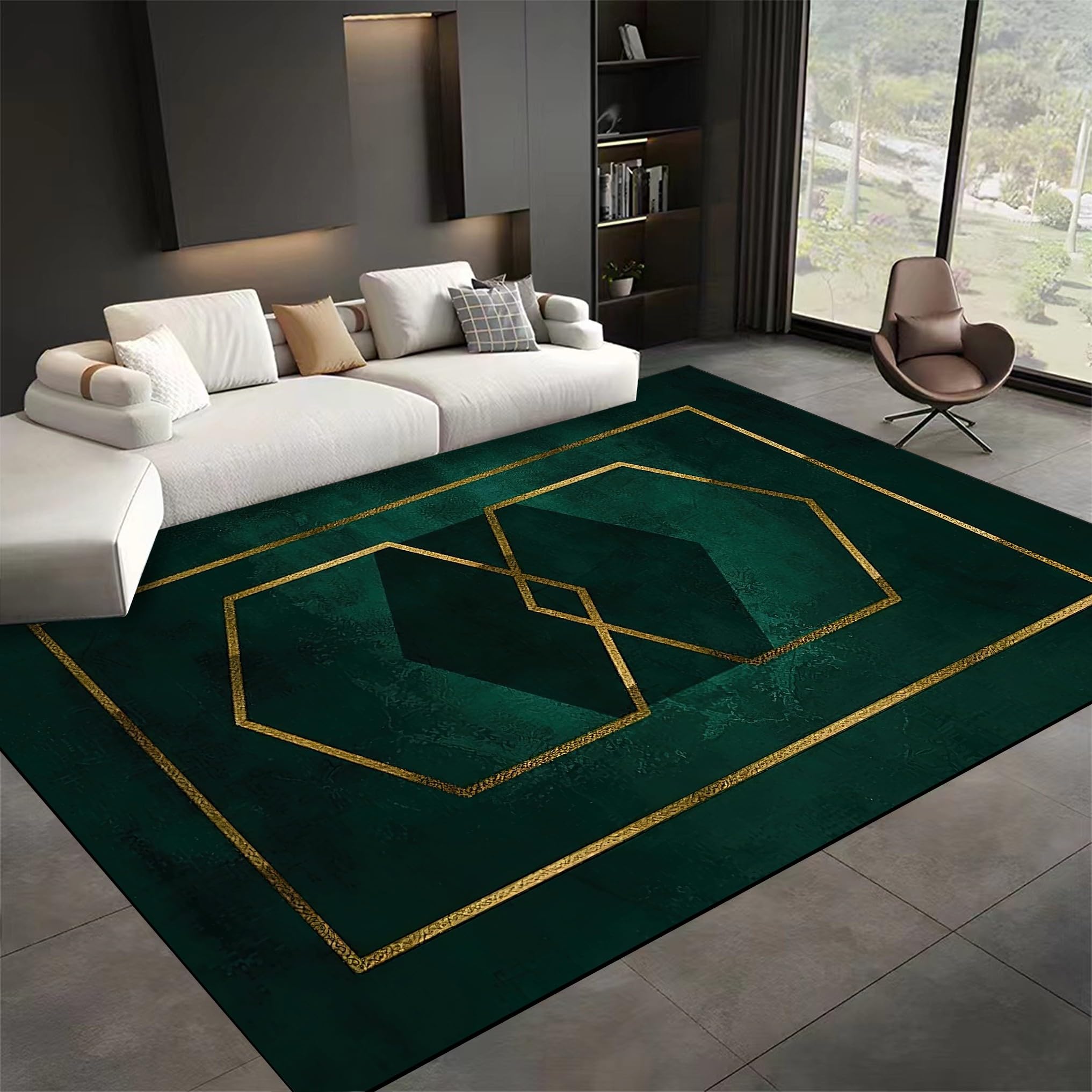 SMXVRC Emerald Green Gold Line Area Carpets for Living Room, 60x110cm, Luxury Abstract Marble Floor Mat, Low Pile Soft Foldable No Crease Home Decor Easy Clean Non Slip Rugs for Nursery