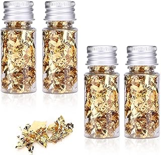 4 Bottles 5 Grams Gold Flakes, Gold Leaf Gold Foil Flakes for Resin Gold Foil Flakes for Resin Gold Foil for Nails Metallic Foil Flakes Metallic Leaf Imitation Gold Leaf for Cake Decoration
