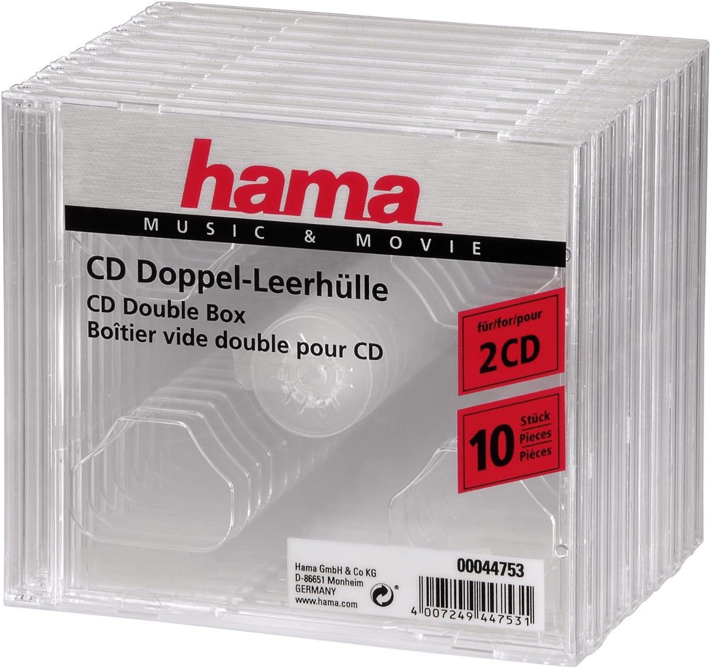 Hama Dual CD/DVD Jewel Double Case, 10 Pieces Per Pack - (2 Discs Capacity per Case) - Clear
