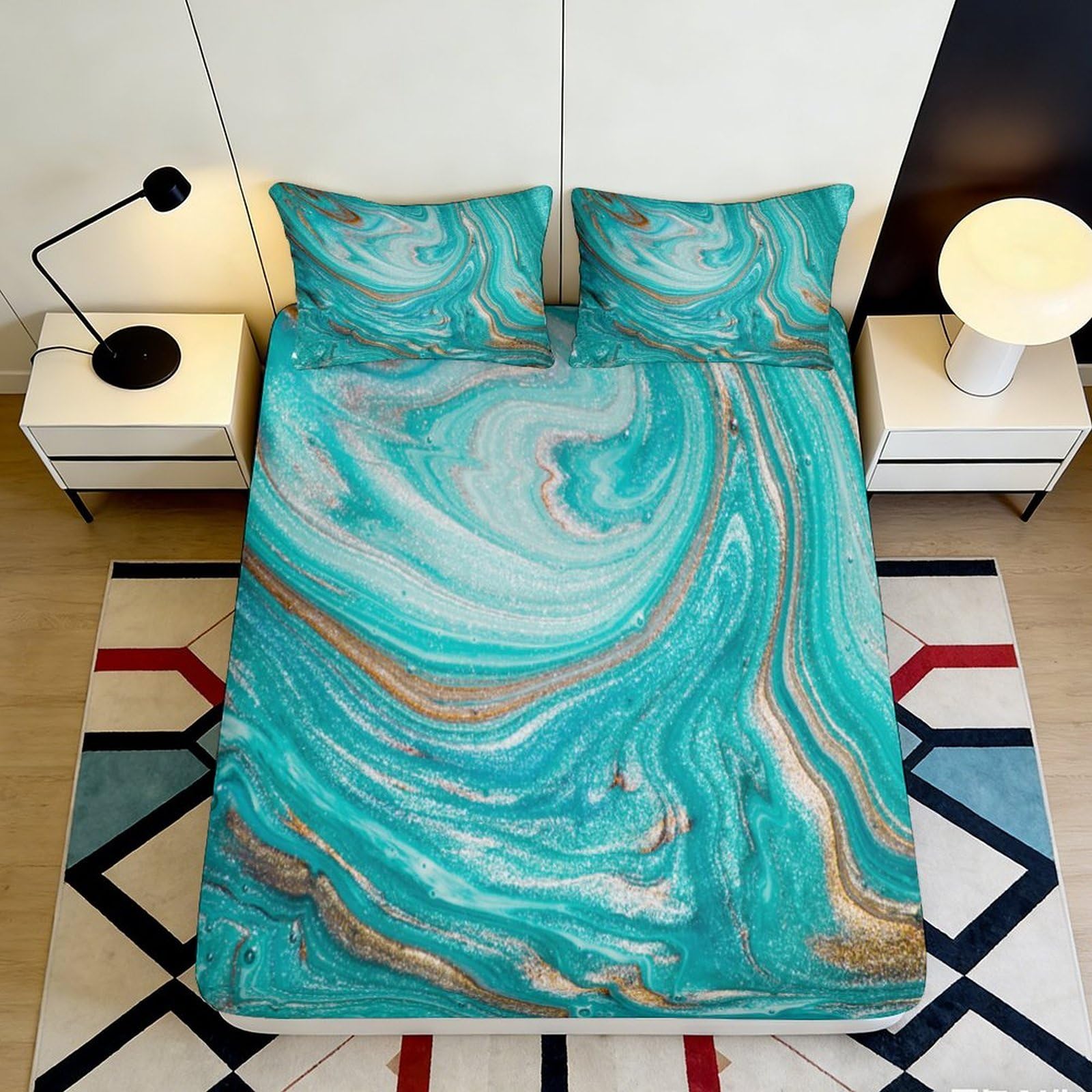 3D Printed Turquoise Marble Pattern Fitted Sheet Microfiber Soft Breathable Swirl Art Mattress Cover for Bedroom Dorm Mattress Protection Decor 180x200x25cm