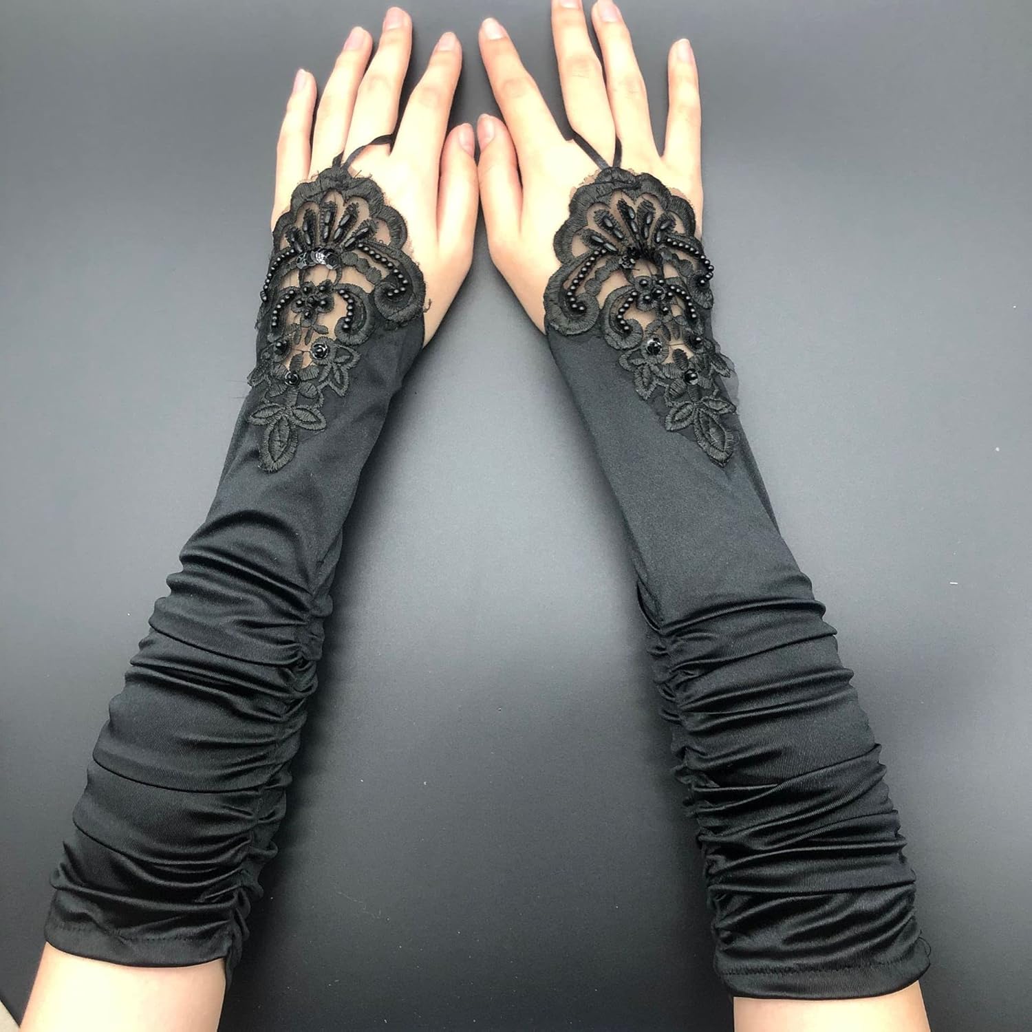 Specell Fingerless Satin Gloves Long Stretchy Fingerless Glove for Bridal Wedding Evening Prom Party Opera Halloween Costumes
