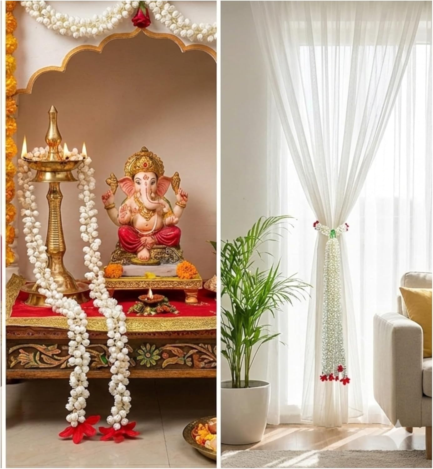 Festive Bloom Artificial Mogra Garland Strings – Pack of 10 (4ft Each) White & Red Lifelike Flowers for Wedding Decorations, Puja Ceremonies, Home Walls & Doorways