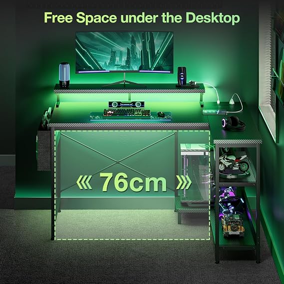 Coleshome L Shaped Gaming Desk with LED Lights & Power Outlet, 100x70 cm | Black Computer Desk with Shelves for Small Spaces, Corner Gaming Table with Monitor Stand for Work Play Home Office