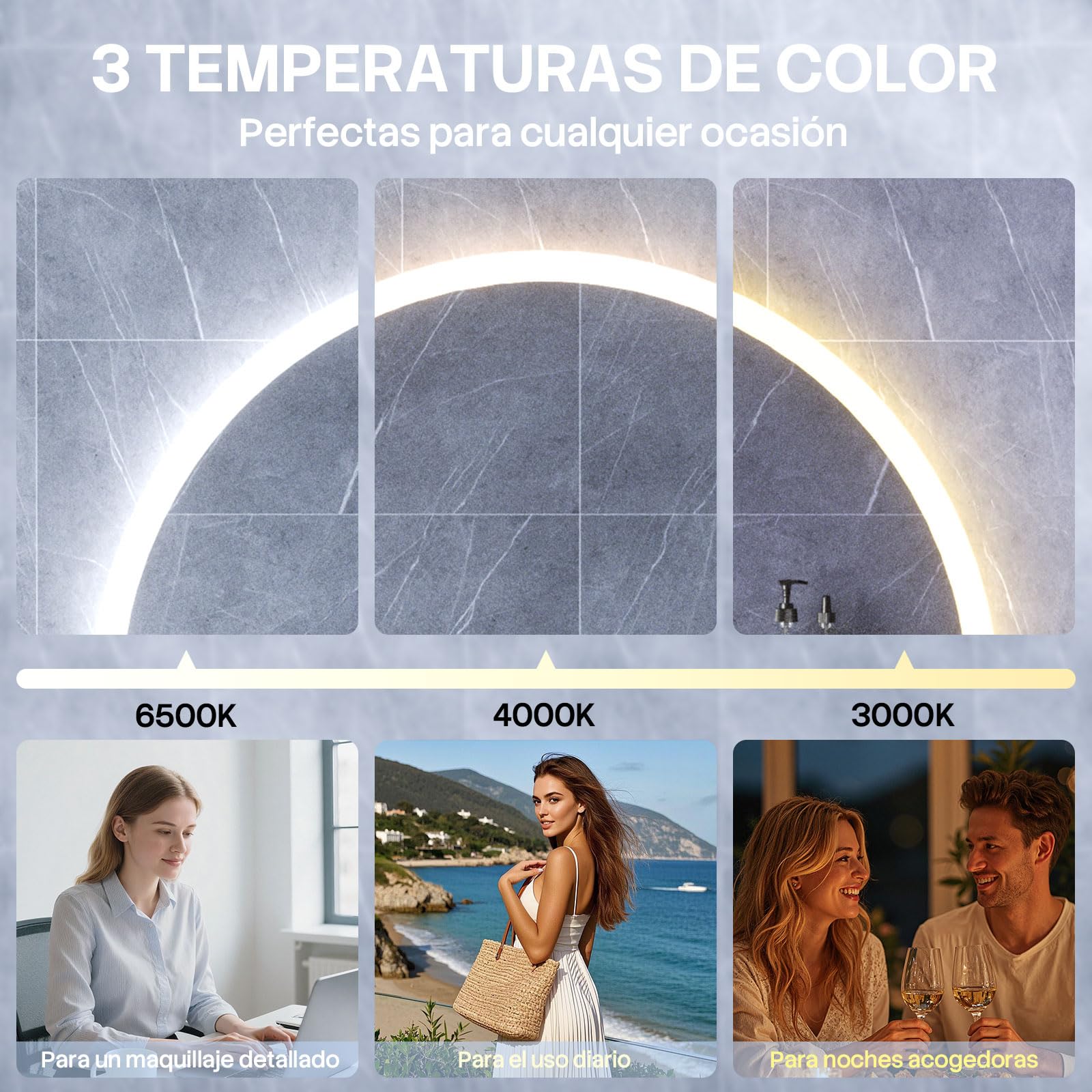 HySail Espejo Baño con Luz, Espejo de Plata HD 5 MM, 3 Temperaturas de Color Y Brillo Regulable, Espejos de Baño con LED Montado En La Pared con Interruptor Táctil, Anti-Vaho, Redondo