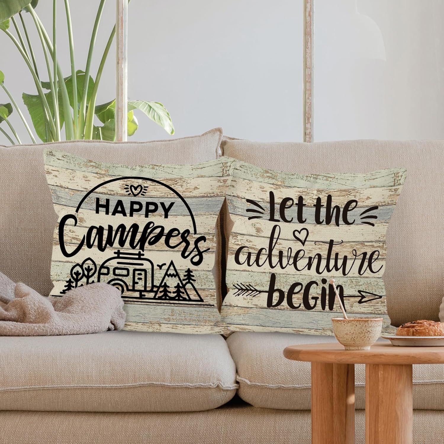 Camping-Themed Decorative Throw Pillow Covers, 2 x 18" x 18" Beige Cotton Linen Blend, Rustic Letter Print, Perfect for Home Decor, Camping, Camper Gifts - Image 4