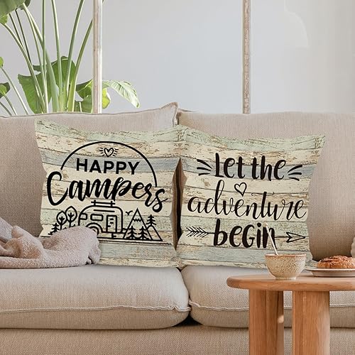 Miniatura 4 de Fundas de almohada decorativas con temática de campamento, 2 x 18 x 18 pulgadas, mezcla de lino y algodón beige, impresión de letras rústicas,