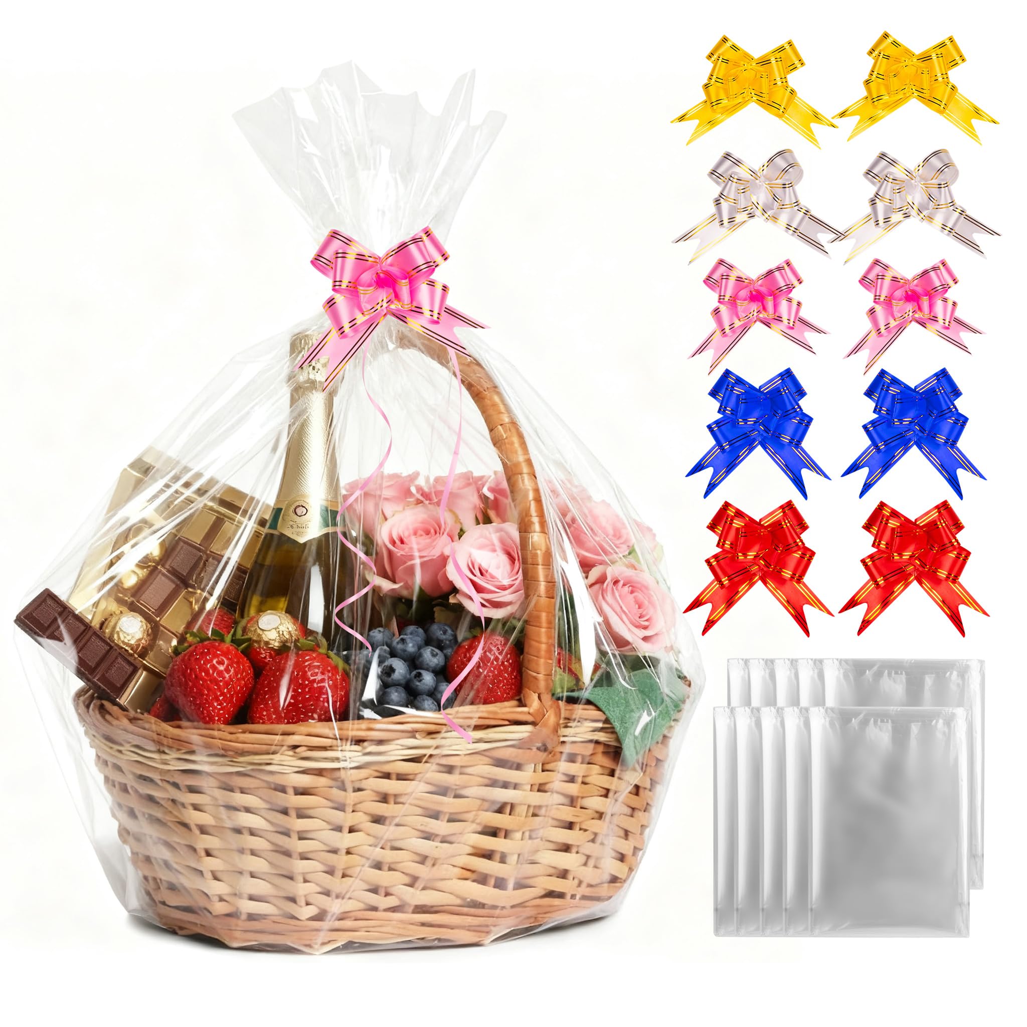 10Pcs Large Cellophane Wrap Bags For Hampers, Clear Hampers Gift Basket Cellophane Wrap Bags with Pull Bows, Extra Large Clear Hamper Wrapping Bag for Christmas Easter Present Packaging Hamper Making