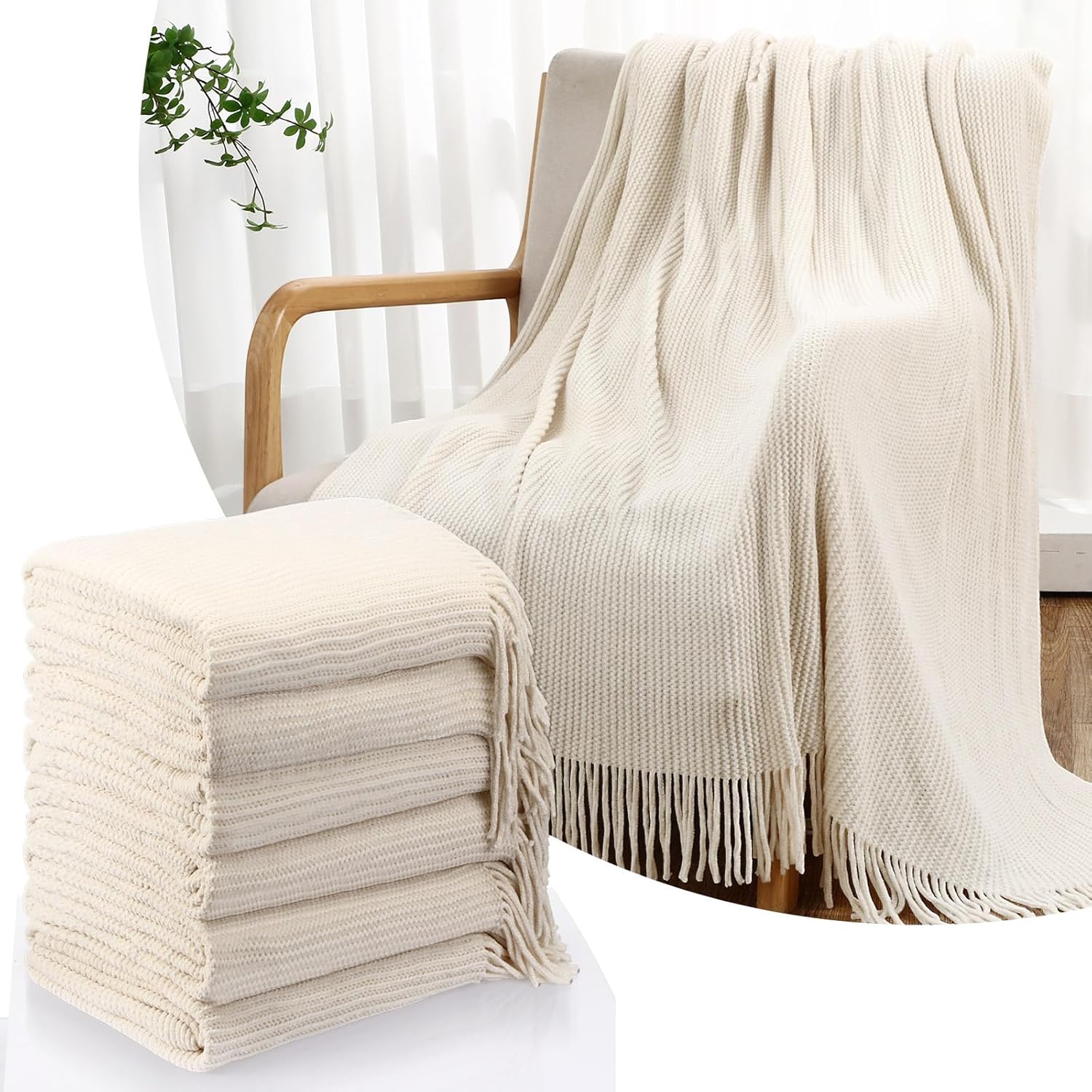 6 Pcs Beige Boho Throw Blankets Bulk Cozy Knitted Bed Throw Blanket with Tassels Woven Textured Decorative Throw Blanket for Couch Room Sofa Bed Chair Acrylic Wave Pattern, 50" x 60"