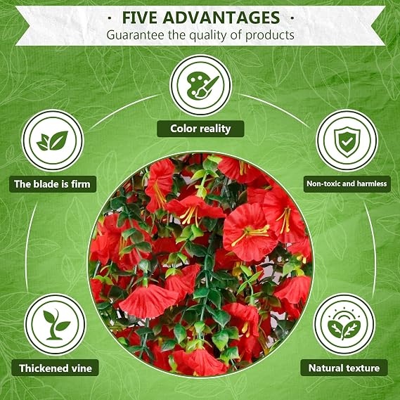 4-Pack Fake Hanging Plants, Faux Hanging Plant Artificial Greenery for Living Room Bedroom Boho Wall Shelf Indoor Outdoor Decor (Red Morning Glory)