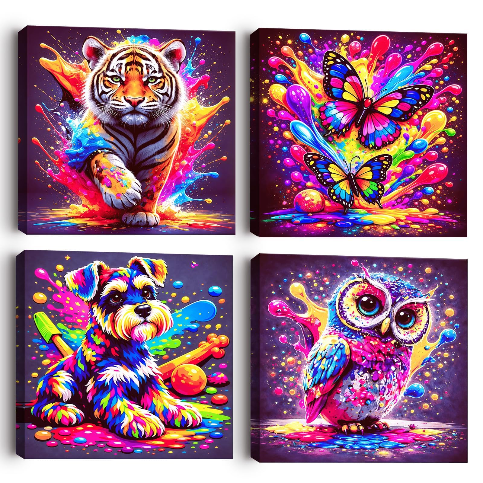 Alptiny Canvas Wall Art Set of 4, Framed Colourful Animal Wall Art Prints, Tiger Butterfly Dog Owl Picture Canvas Artwork Bright Animal Decor for Kids Bedroom Playroom Home Decor 30x30cm