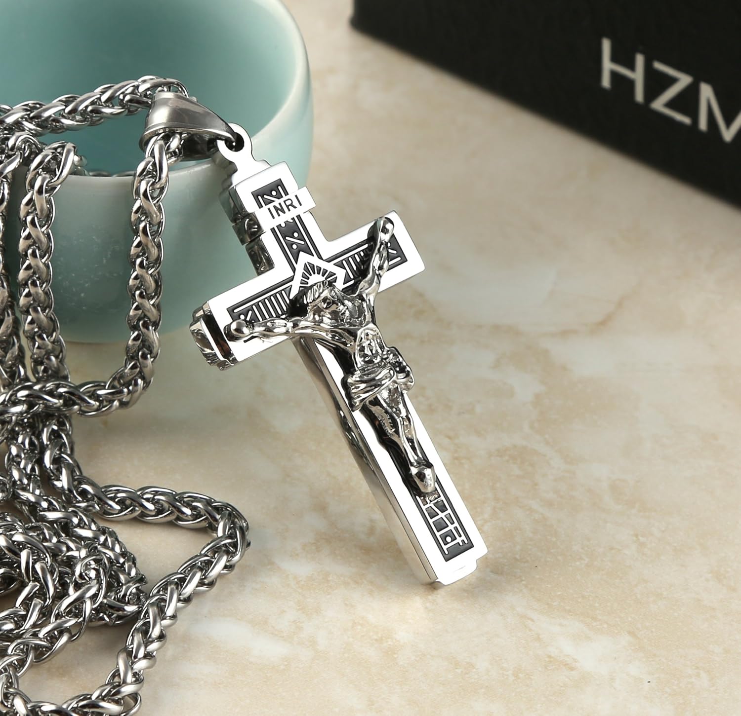 HZMAN Catholic Jesus Christ on INRI Cross Crucifix Gold Silver Tone stainless steel Pendant Necklace 22+2 Chain - Image 4
