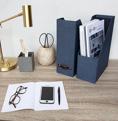Miniatura 5 de Bigso Estelle - Caja de almacenamiento vertical de fibra de fibra de lona  Revista y organizador para papeles con mango de cuero  Soporte para