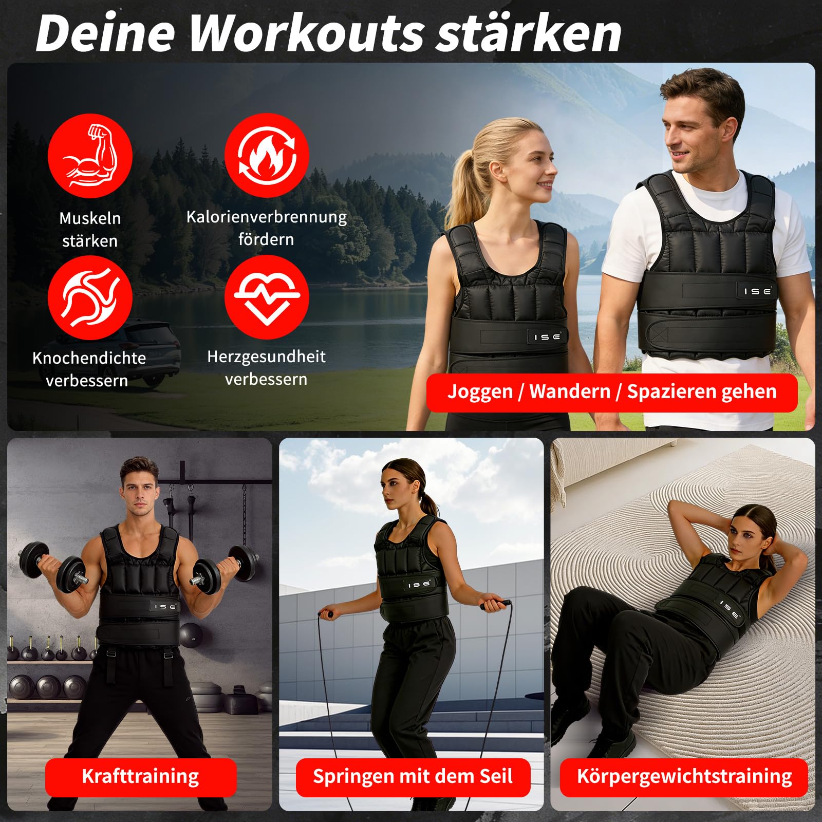 ISE Verstellbare Gewichtsweste 10/15/20KG zum Muskelaufbau u. Krafttraining | Weighted Vest | Laufweste Damen & Herren | Fitness Trainingsweste