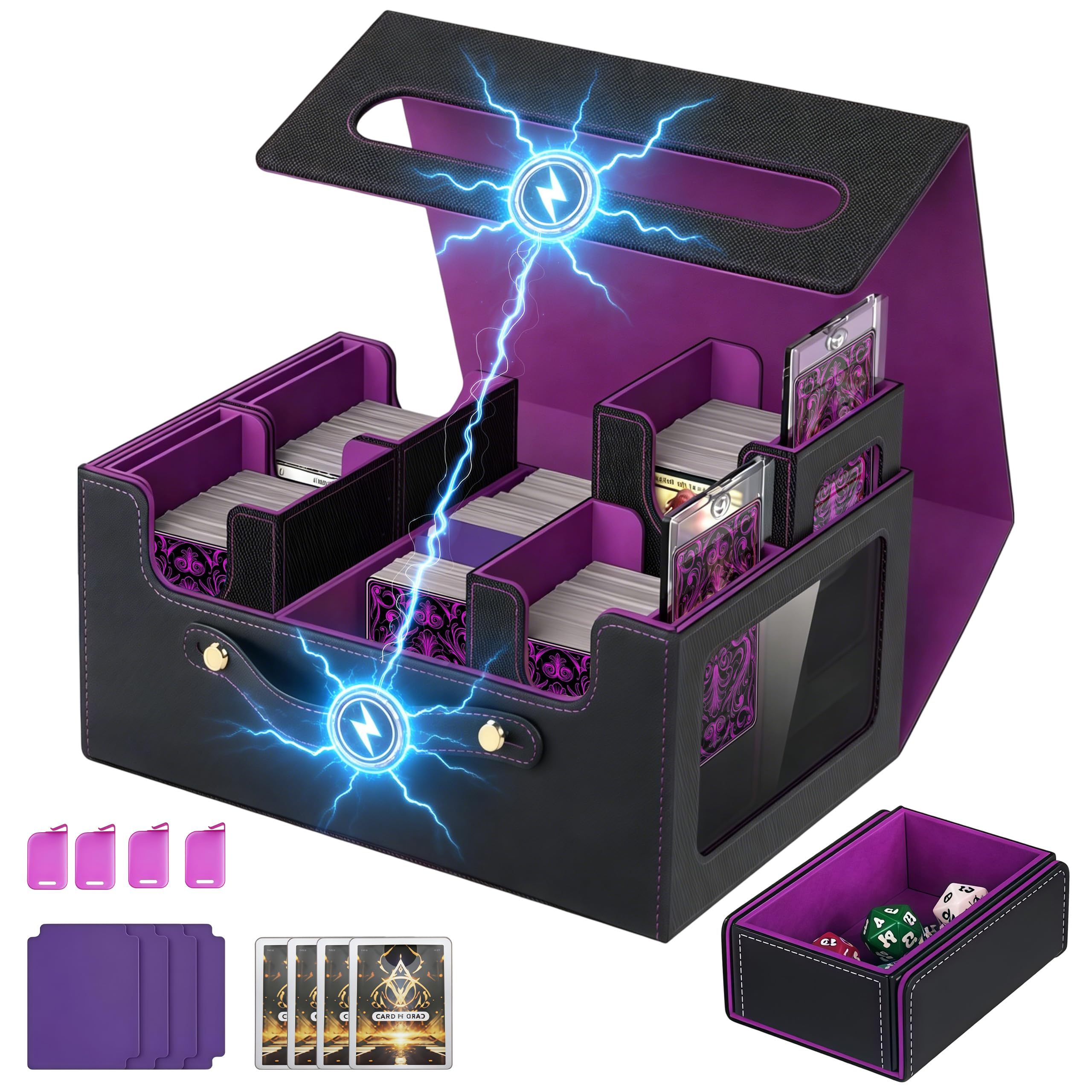 Caja de cartas coleccionables 6 en 1 con compartimento para dados, caja magnética Commander Deck Box con 4 divisores de tarjetas Toploader Tarjetero con pantalla Commander para MTG TCG CCG