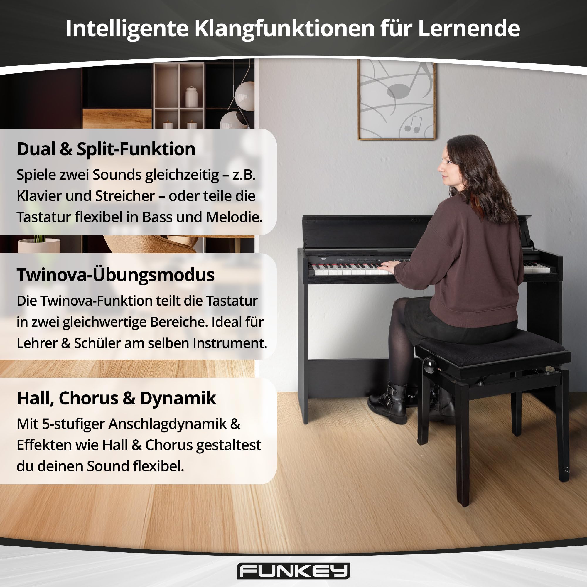 FunKey DP-1088 SM Pianoforte digitale sottile - 88 tasti sensibili alla velocità e 3 pedali - 20 suoni - Altoparlanti stereo integrati e 2 prese per cuffie - Finitura nera opaca