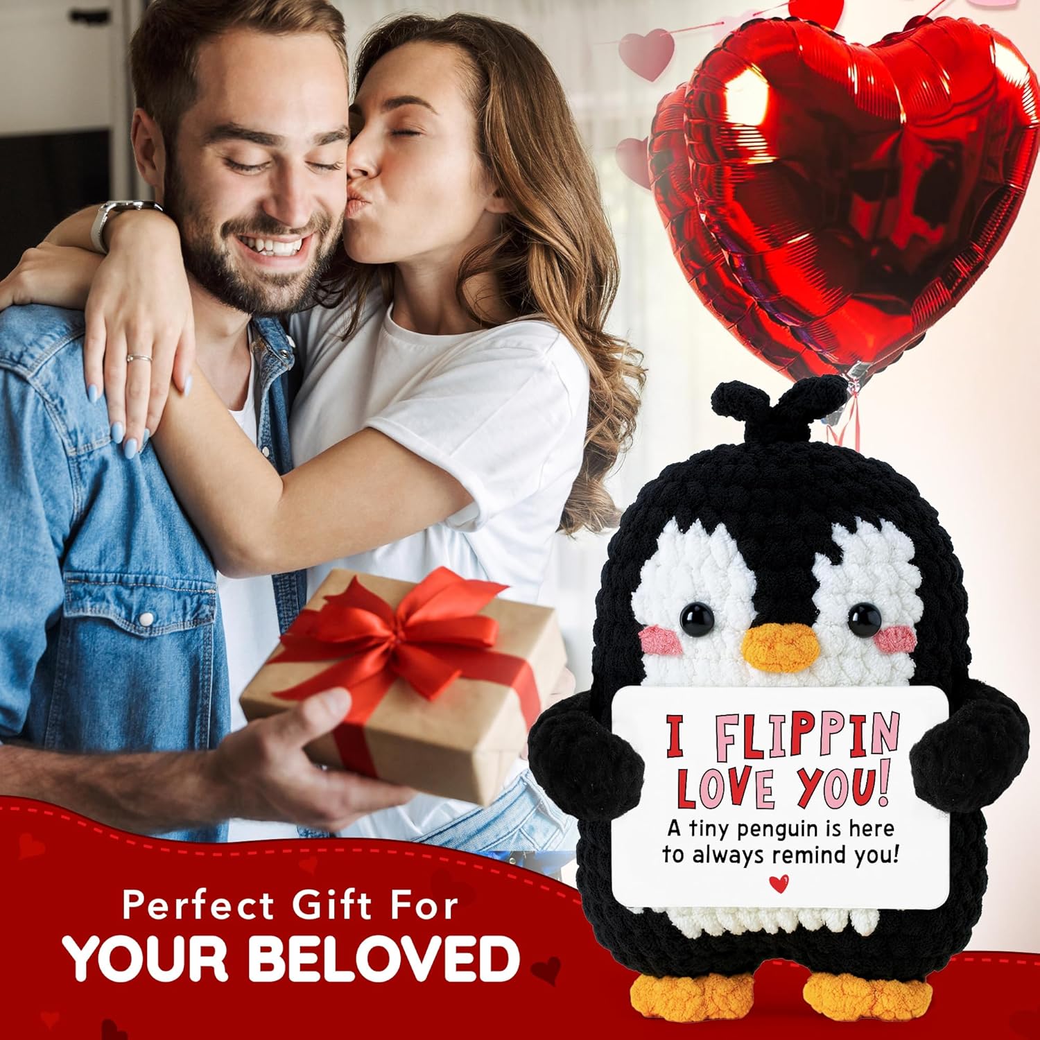 Penguin Romantic Gift - Valentines Day Gifts for Him, Her, Men, Boyfriend, Women, Girlfriend, Wife Husband - Crochet Penguin Plush Couples Gifts for Anniversary, Birthday, Christmas, Stocking Stuffer