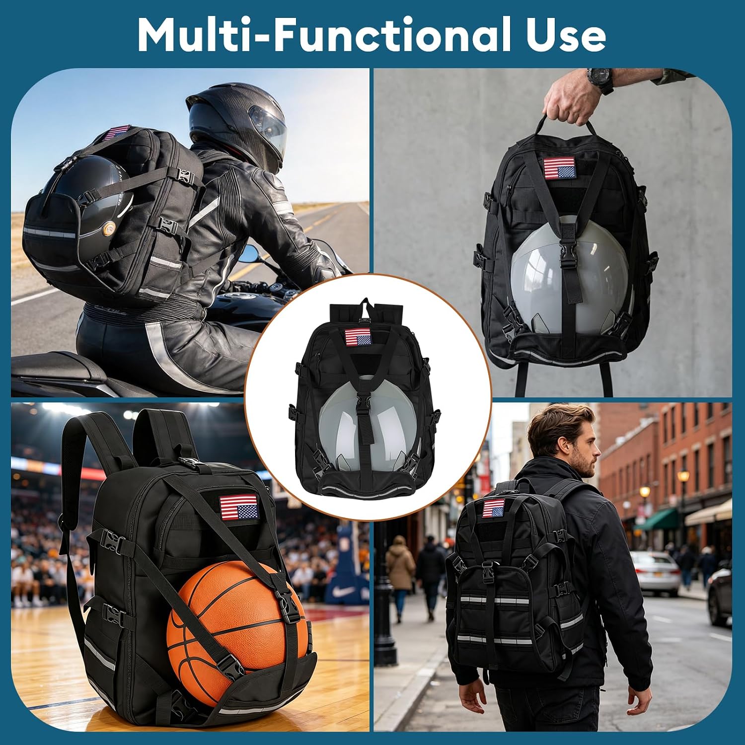 Helmet Backpack for Motorcycle Cycling, Helmet Holder Storage Cycling Bag, 35L Large Capacity Waterproof Riding Use, Extensibility up to 180°, Travel Hiking Backpack for Men
