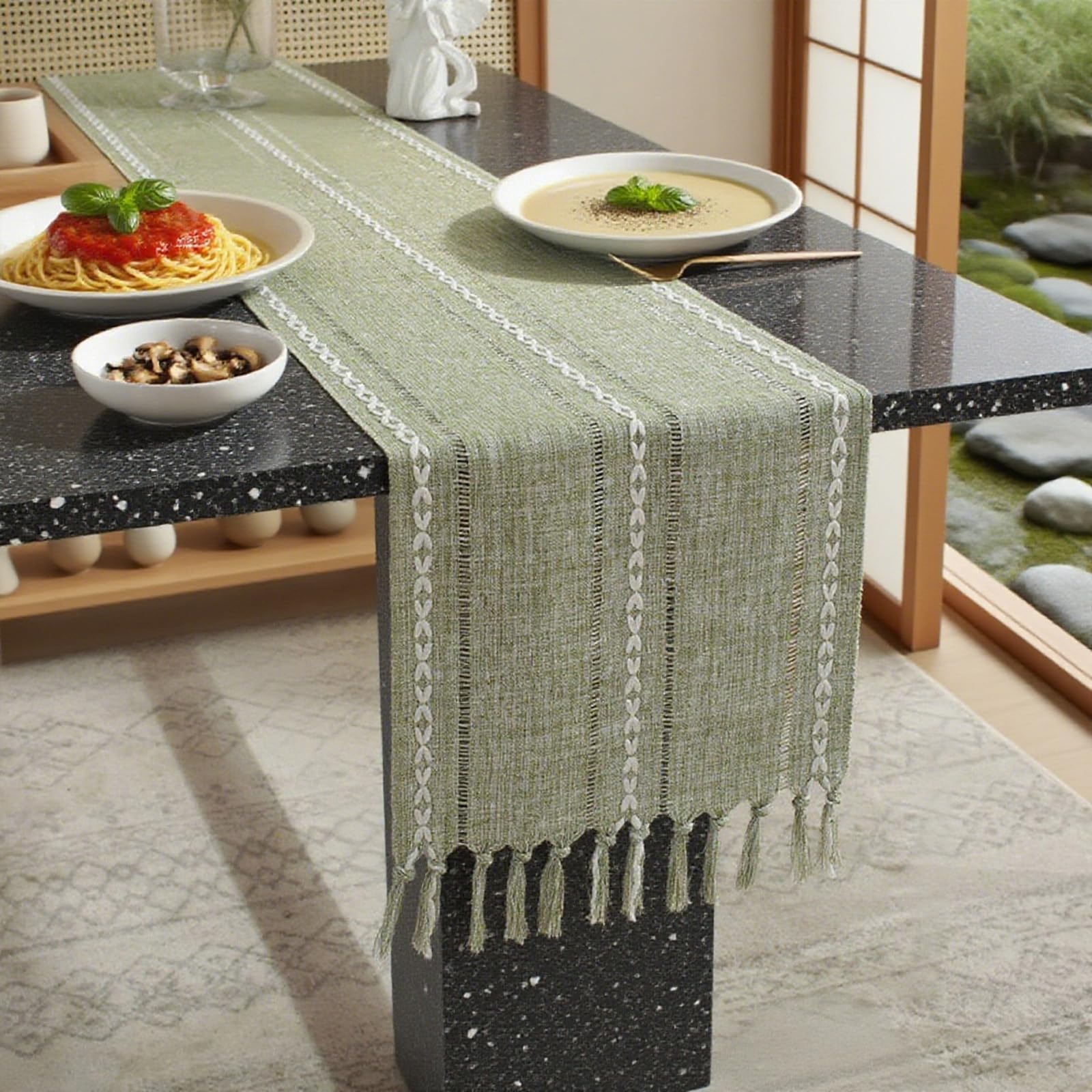 Zkanac Boho Style Table Runner - 72 Inch Long Cotton Linen Runner With Tassels, Sage Green 12x72