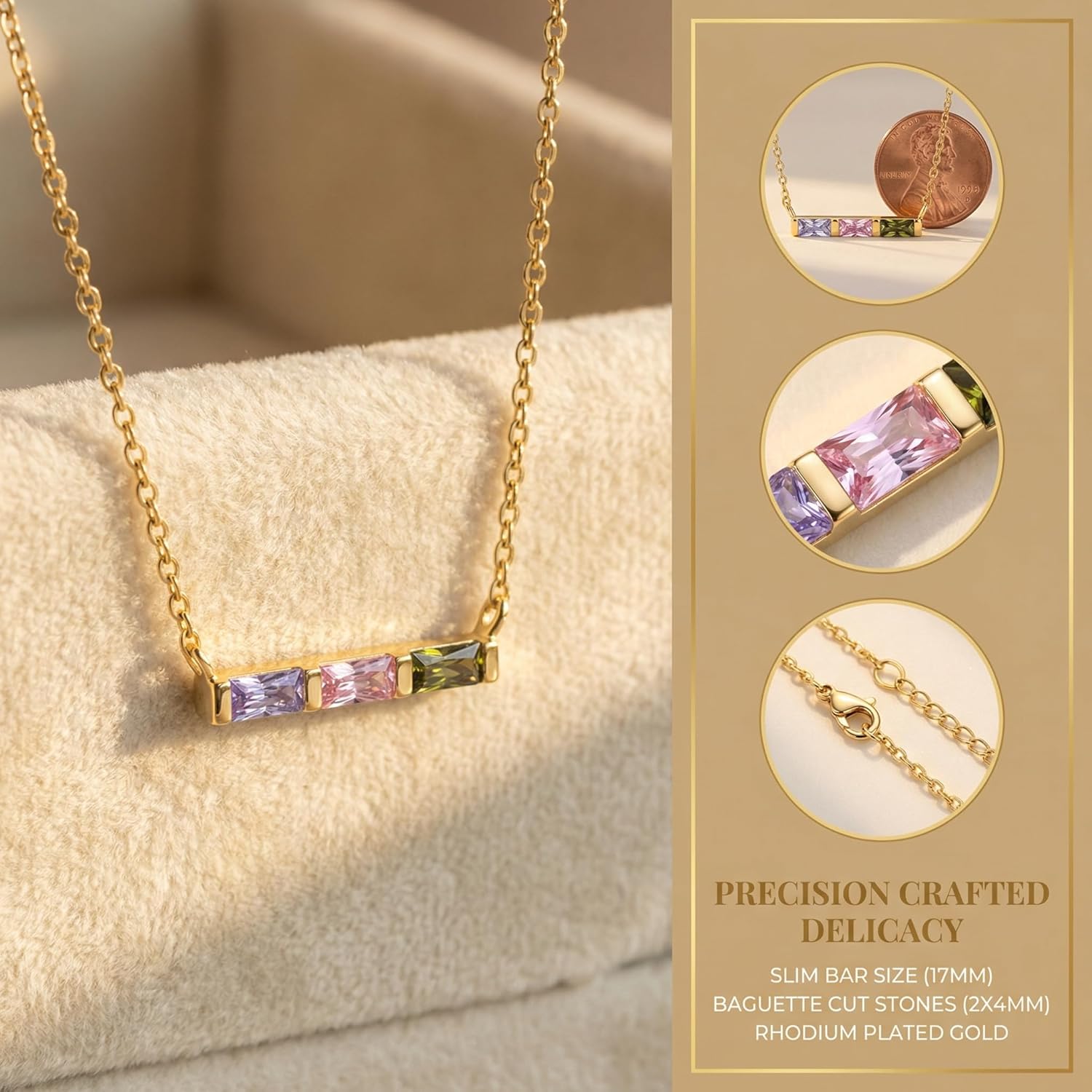 Lam Hub Fong Personalized Birthstone Bar Necklace for Women - Custom 2-6 Birth Month Stones Horizontal Pendant, Gold Plated Family Jewelry Gifts for Mom Grandma, Mother's Day Birthday Gift