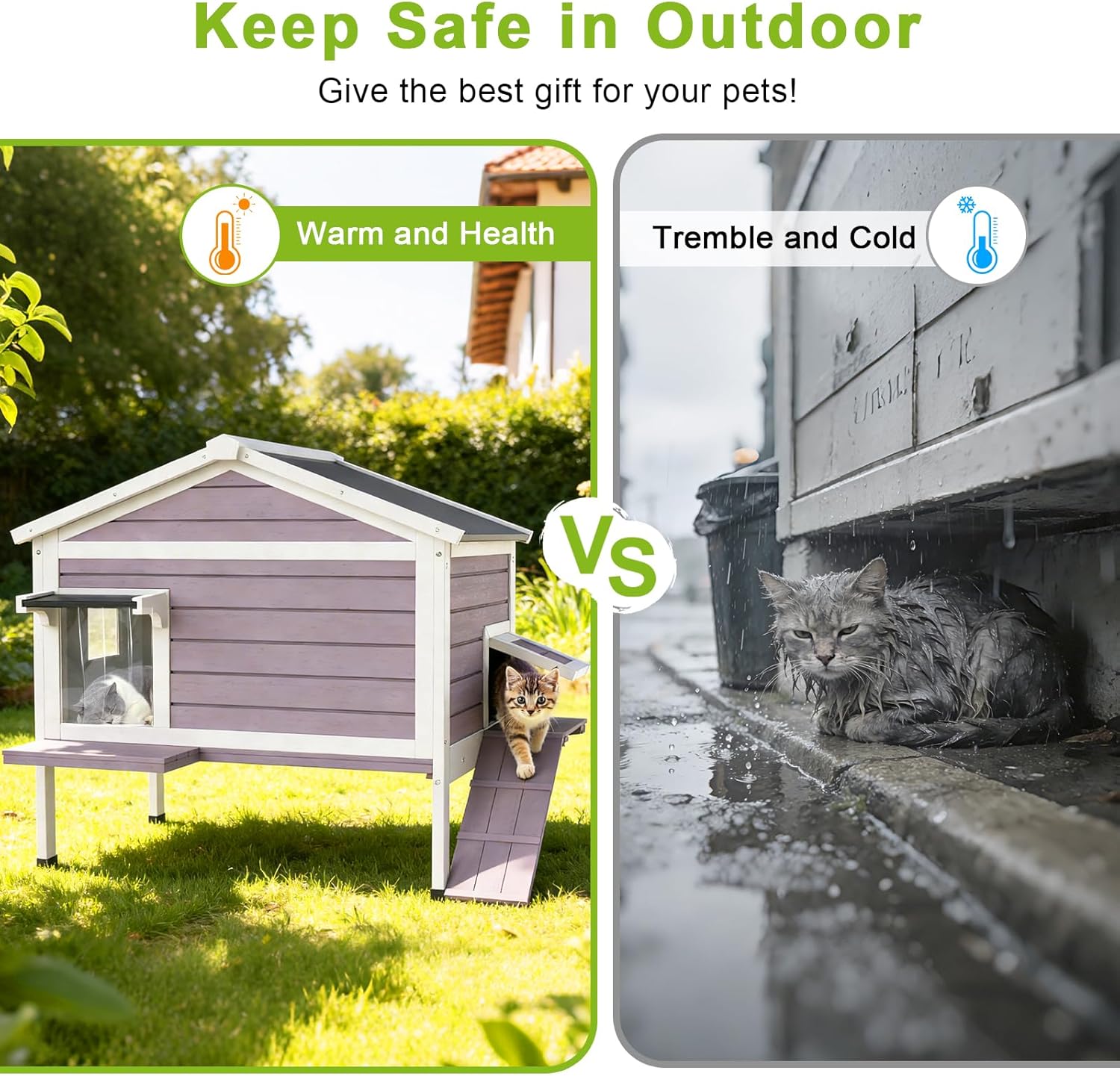 Outdoor Cat House, Weatherproof Feral Cats Shelter Keep Safe in Outside, Easy to Install and Openable Roof Design Kitty House for Outsides Insides Cats