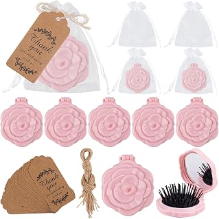 Framendino, 20 Pack Rose Compact Mirrors Brush Bulk Wedding Party Favors Including Pocket Mirrors Comb Thank You Tag Organza Bag and Jute Twine for Bridal Shower Souvenirs (Light Pink)
