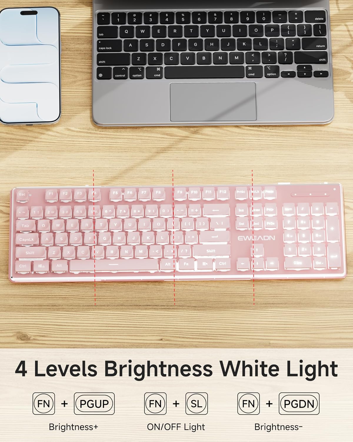 V3 Wireless Keyboard and Mouse Combo, Bluetooth/2.4G Rechargeable Light up Quiet Computer Wireless Keyboard and Mouse with White Backlit, Metal Panel-Pink