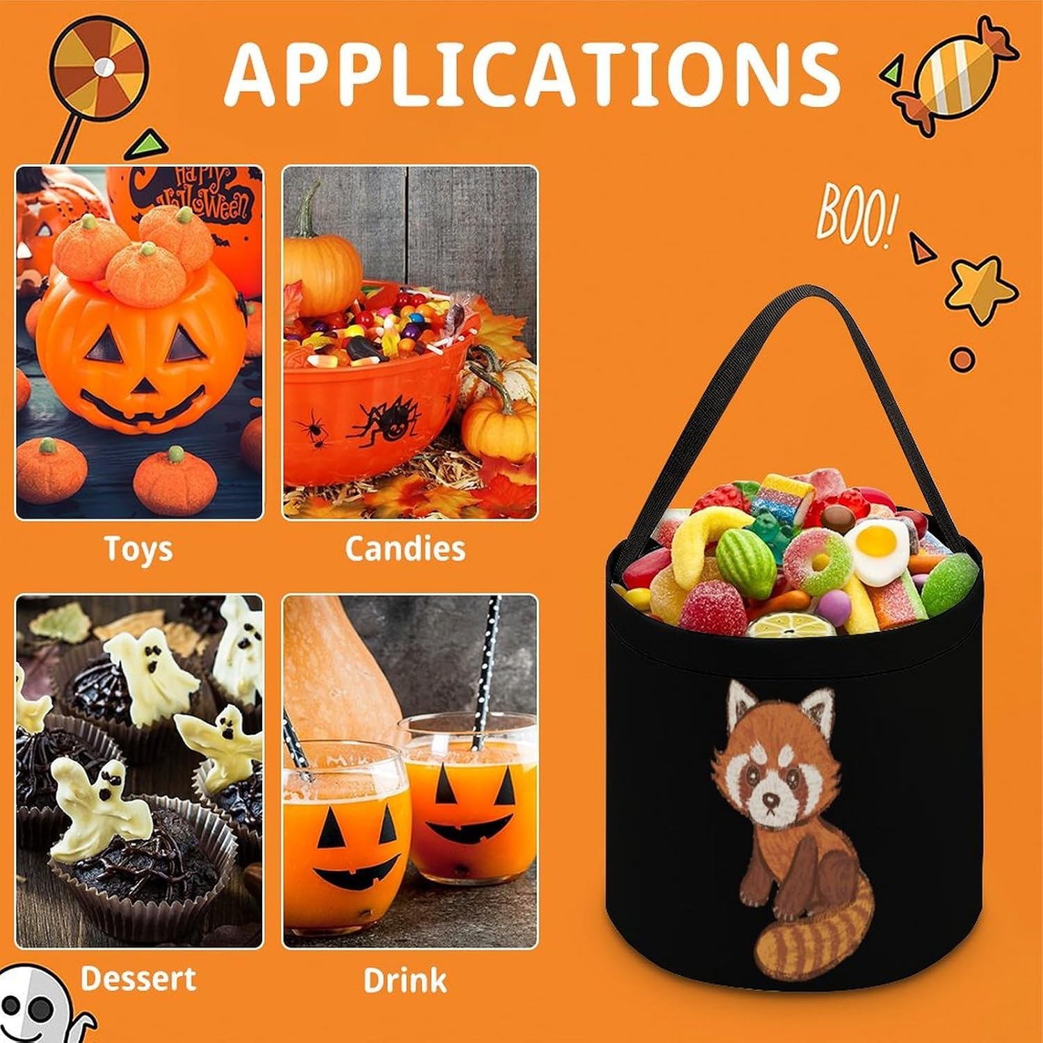 Cartoon Red Panda Halloween Treat Bag Reusable Candy Basket Tote Goody Bags Gift Party