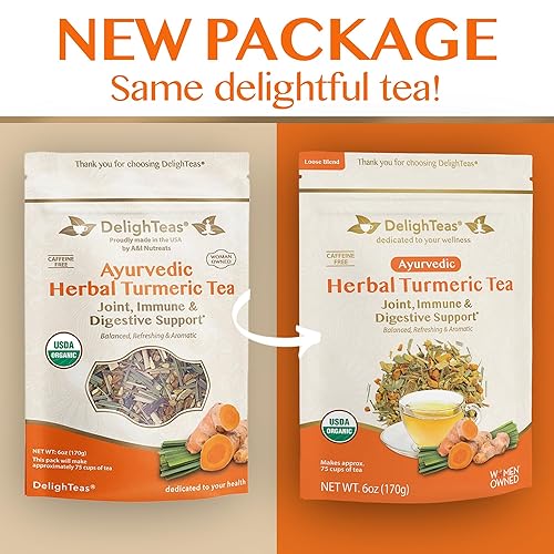 Miniatura 5 de DelighTeas Té orgánico de cúrcuma y jengibre  Té de cúrcuma ayurvédica de hojas sueltas para apoyo articular y digestivo  Sin OMG, sin cafeína, sin
