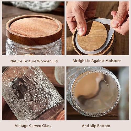 Miniatura 4 de Tarro de almacenamiento de vidrio de 24 onzas con tapas herméticas de madera de bambú, recipientes de alimentos vintage, juegos de recipientes para