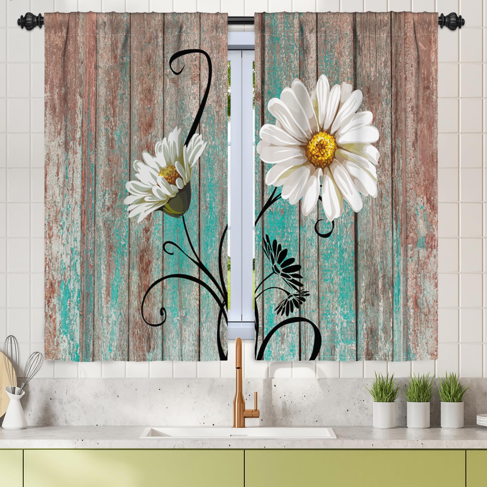 Rideaux rustiques en lin motif marguerites Renaiss 66x91.4 cm pour café et cuisine bleu sarcelle
