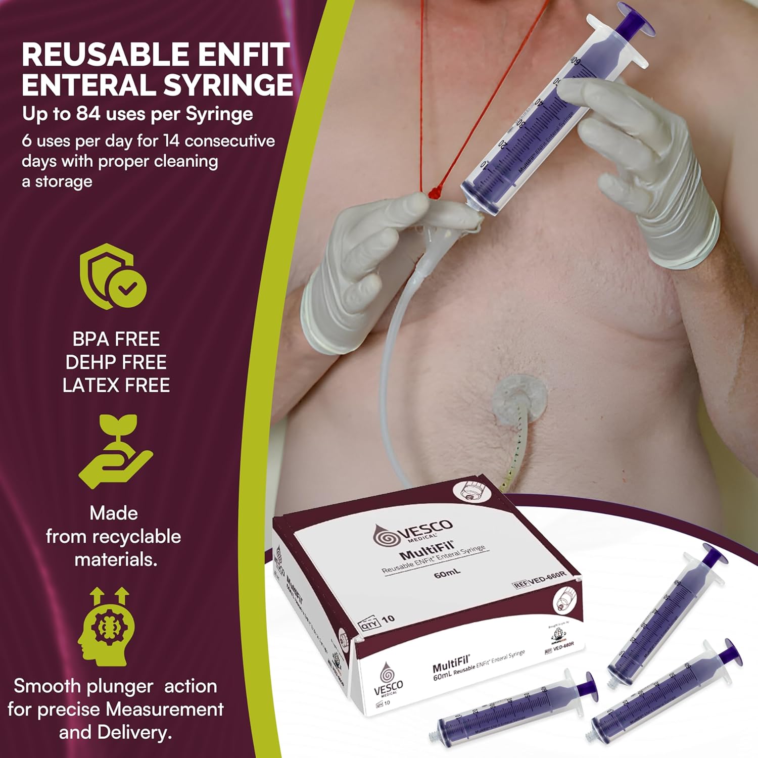 Multifil™ Reusable ENFit Tip Syringe w/Cap, 60ML - Non-Sterile (Pack of 10)