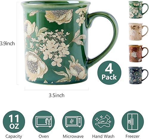 Miniatura 3 de Juego de 4 tazas de café de cerámica de 12 onzas con diseño floral, lavar a mano, microondas, caja de regalo, perfectas para capuchino, café con