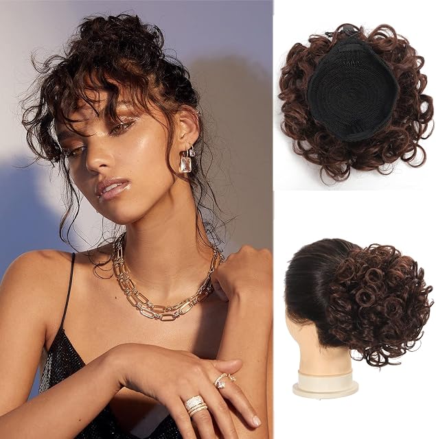 1PC Curly Messy Hair Bun Hair Piece for women, Drawstring Loose Wave Curly Bun, Updos Short Elastic Bun Clip on Synthetic Curly Ponytail Extensions Hair Bun for Women Daily Use (Pack of 1, 4/33)