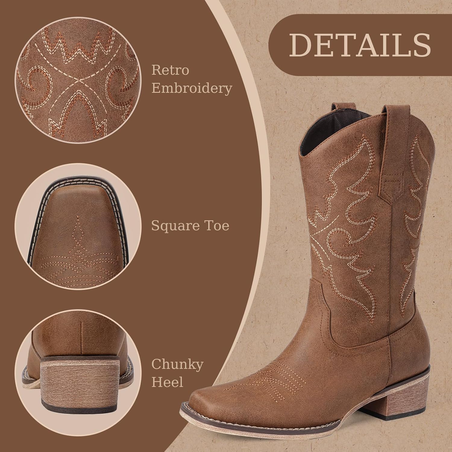 Cowboy Boots for Women Square Toe - Mid Calf Western Cowgirl Boots with Embroidery, Pull On Low Chunky Heel Fashion Footwear for Daily Casual Party Country Concert Rodeo - Image 4