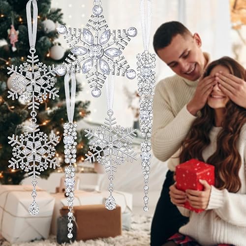 Miniatura 4 de Bucherry 10 adornos de carámbano de copo de nieve para árbol de Navidad, diamantes de imitación colgantes de metal con purpurina, manualidades,