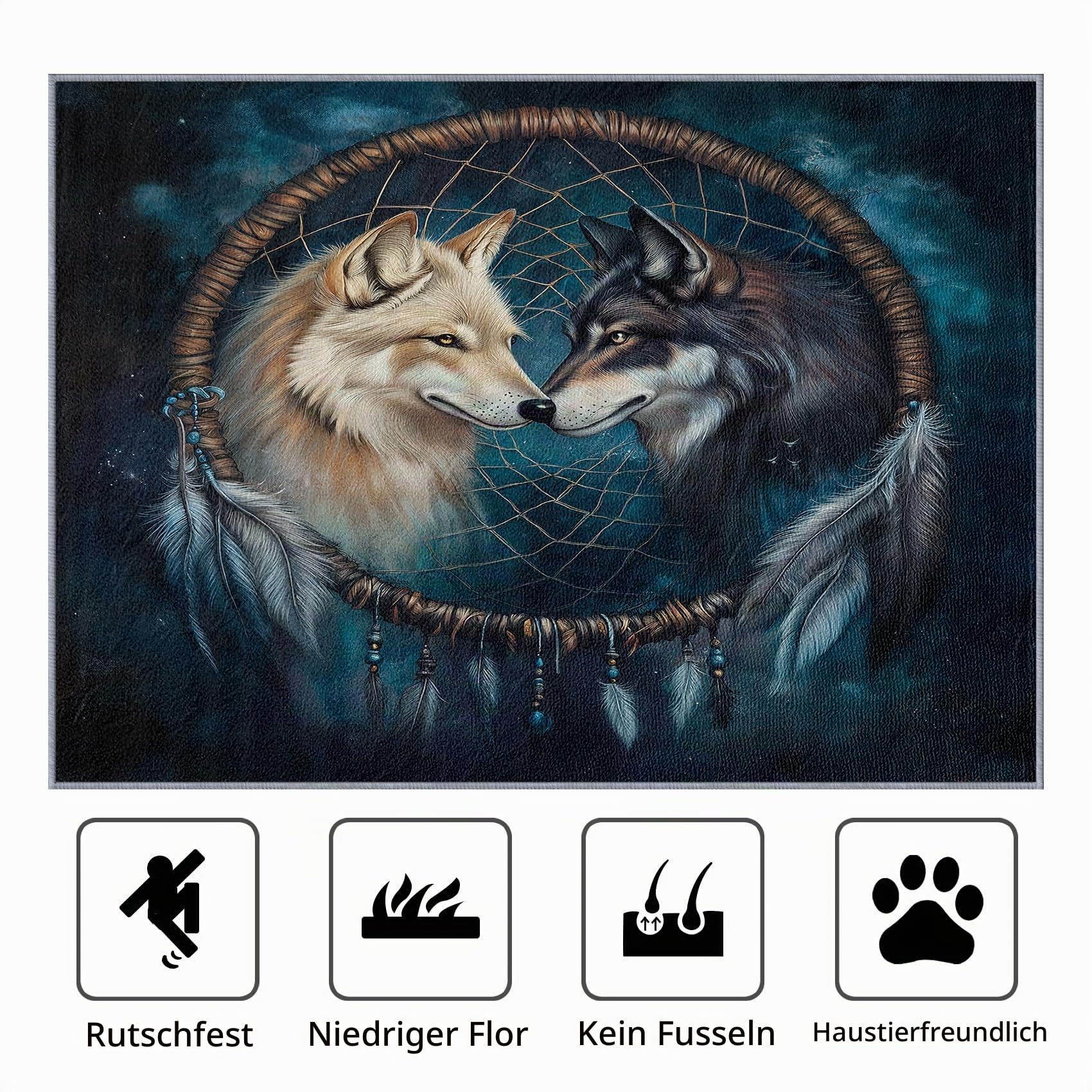 Wolf Teppich Waschbar, Indianische Wölfe Teppich 80x150 cm, Tiere rutschfest Waschbar Pflegeleicht Teppiche Für Schlafzimmer Küche, Dunkelblau