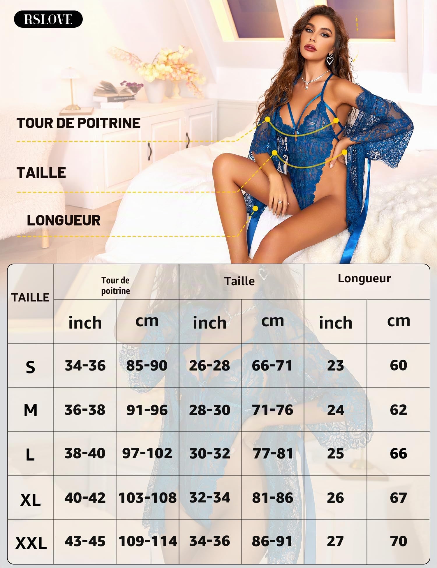 RSLOVE Nuisette Femme Sexy Lingerie - Vêtements de Nuit en Dentelle Ensemble Body Floral et Peignoir