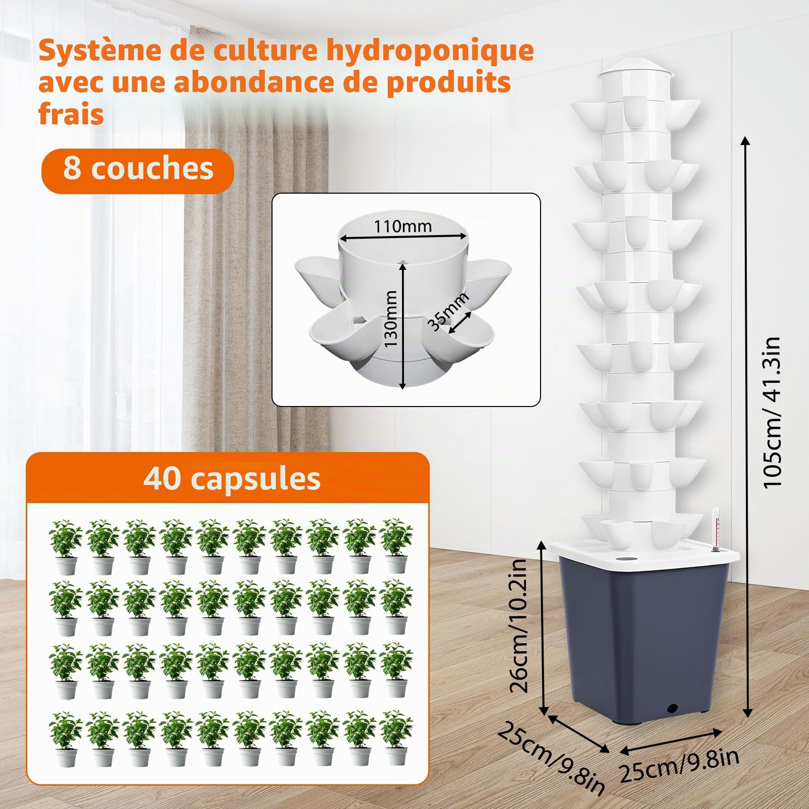 Système hydroponique 40 pods, Tour Verticale 8 Niveaux avec réservoir 10L | Kit de culture sans sol avec pompe à eau, idéal pour herbes, fruits et légumes à la maison, terrasse ou balcon