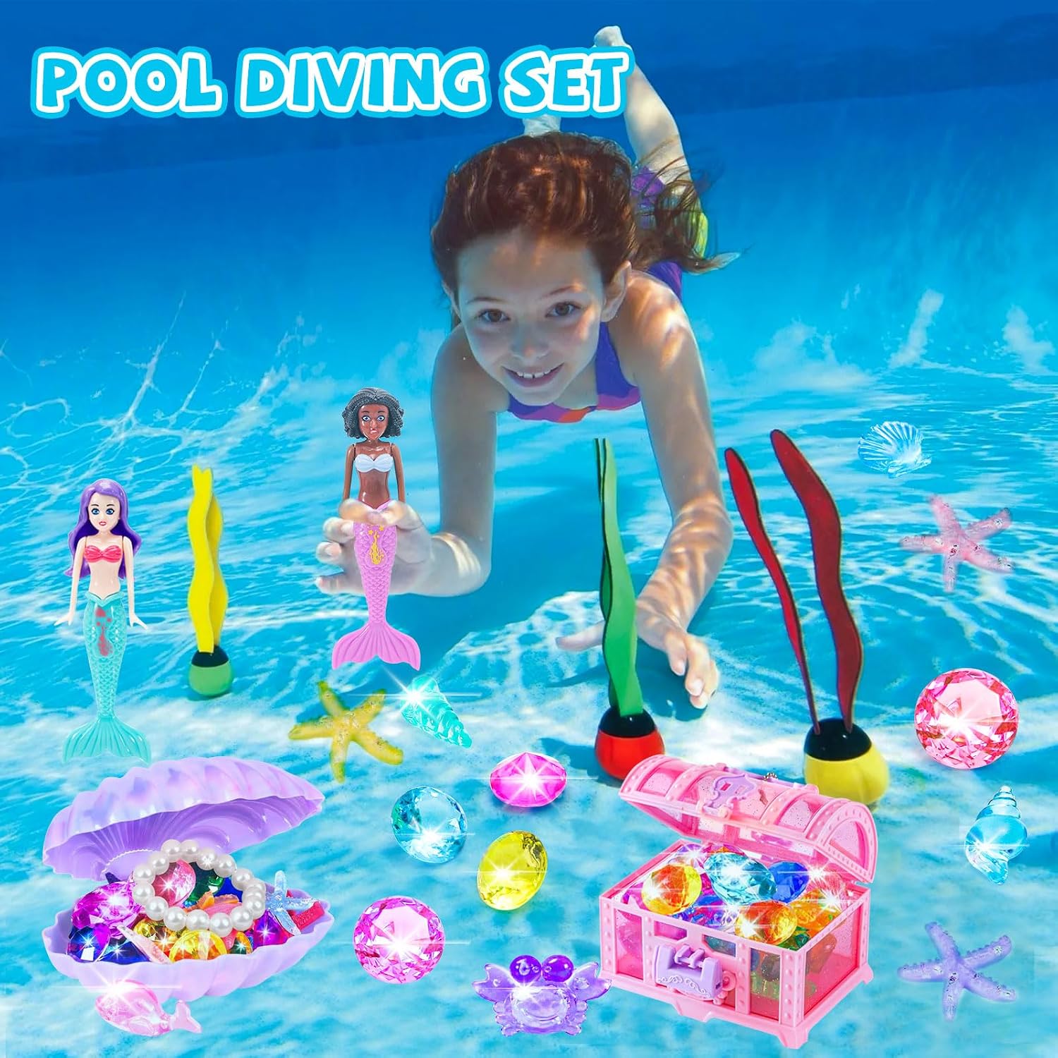 Mermaid Toys Diving Toys with Shell Treasure Chests and Storage Bag Swimming Pool Games Summer Water Gift Set for Kids Toddlers Girls Boys