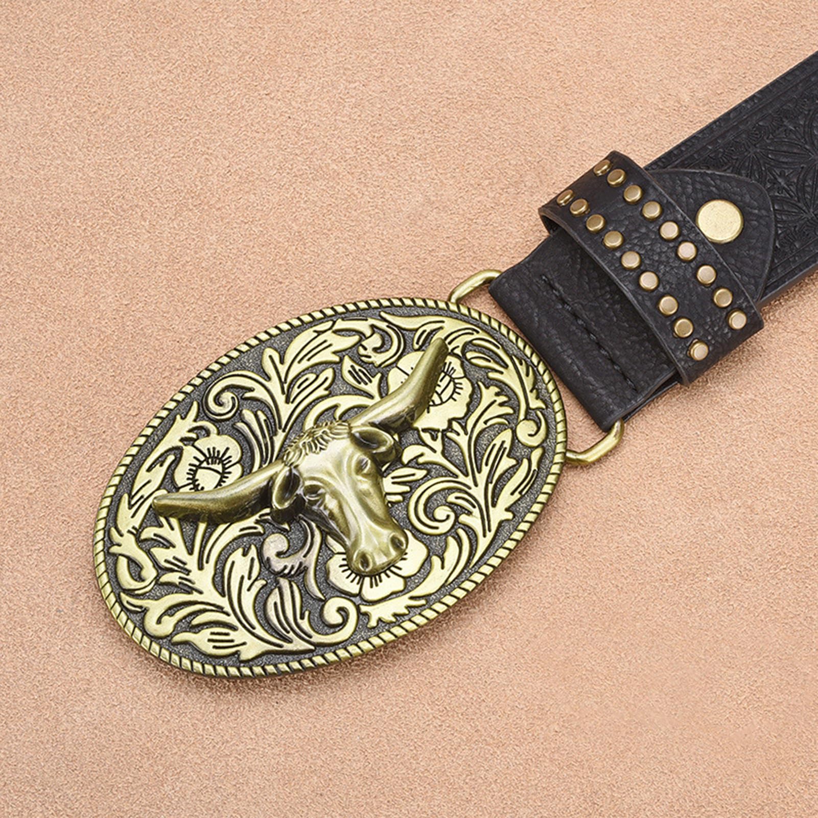 Cinturón Occidental De Cuero Plena Flor For Hombre, Correa Con Relieve Floral, Hebilla Ovalada Toro Cuerno Largo, Negro, Cintura 105 Cm/35 Pulgadas