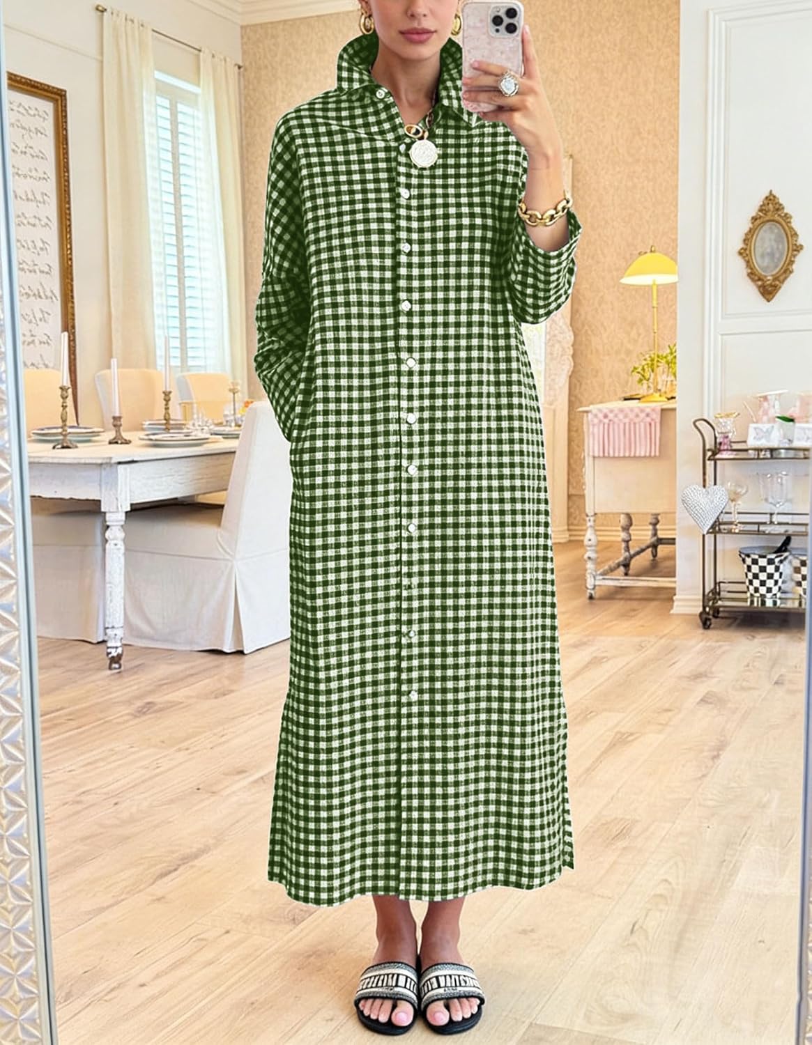 chouyatou Women's Casual Loose Button Down Plaid Shirt Dress Long Sleeve Side Slit Cotton Gingham Maxi Dress