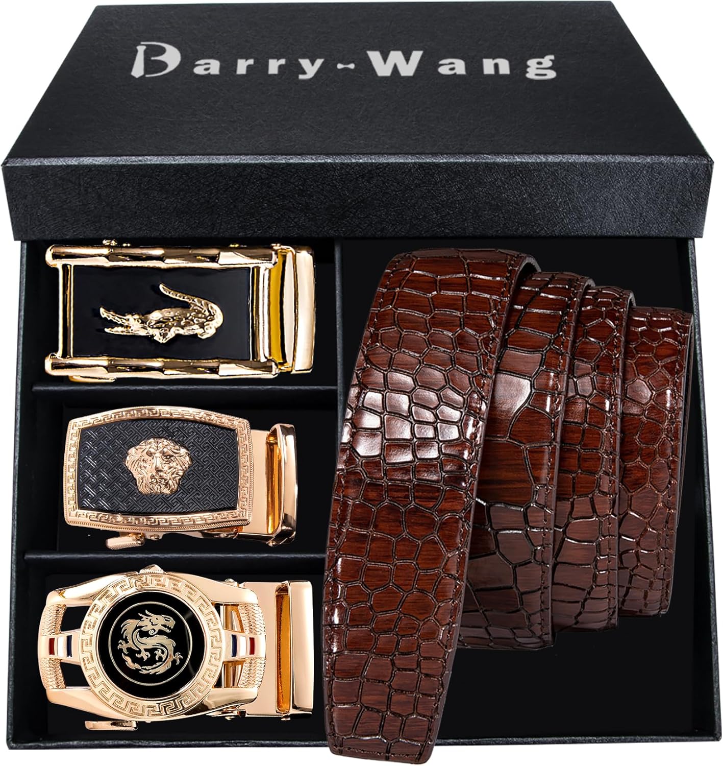 Barry.Wang Ratchet Belt 3 Buckles Gift Set Mens Belts Grain Leather Automatic Buckle 1 3/8" Father's Day Business Wedding - Image 2