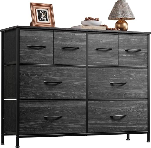WLIVE Dresser for Bedroom with 8 Drawers, Wide Fabric Dresser for Storage and Organization, Bedroom Dresser, Chest of Drawers for Living Room, Closet, Hallway, Nursery, Charcoal Black Wood Grain Print